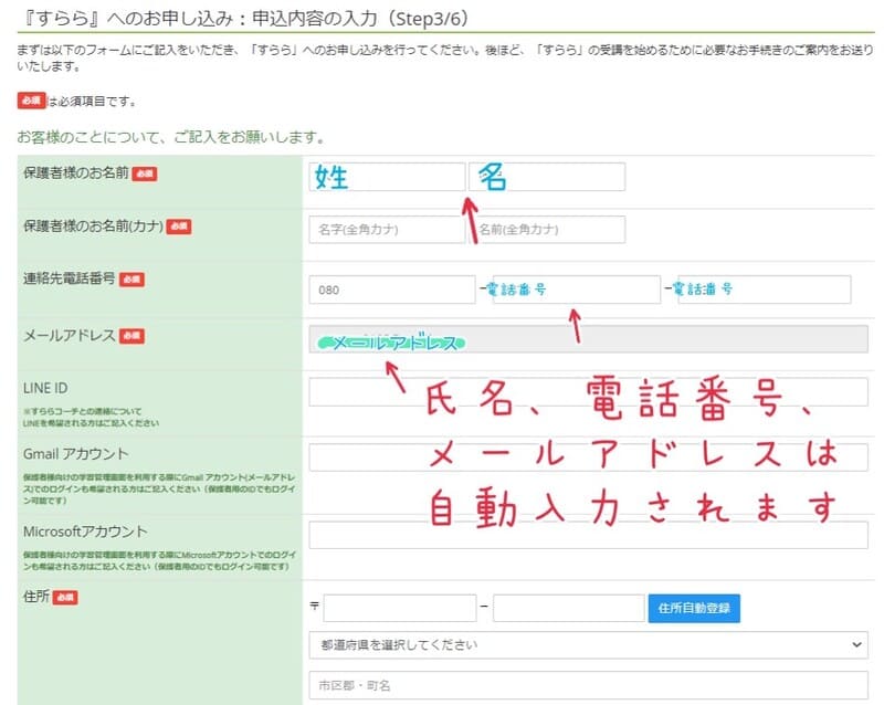 すらら申し込み手順３：申し込み内容の入力